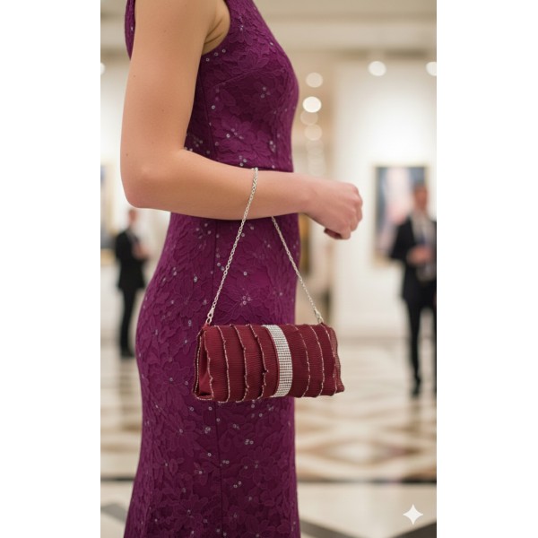 Evening Bag - Pleated Glittery w/ Trimmed Ruffles - Fuchsia - BG-92233FU